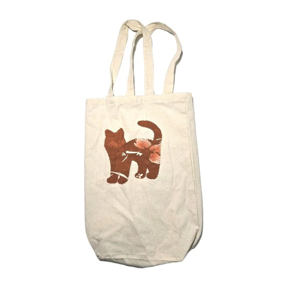 Cute Fall Canvas Tote Bag Y2K Boho Kitty Leaf 100% Cotton Handbag